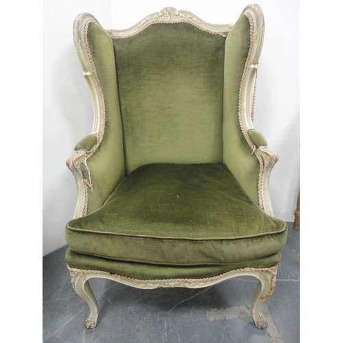 166 - George III style painted wood drawing room wing-back armchair, upholstered in later green velour, 11... 