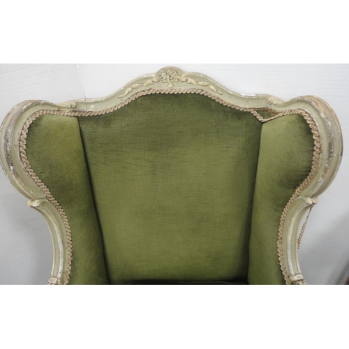 166 - George III style painted wood drawing room wing-back armchair, upholstered in later green velour, 11... 