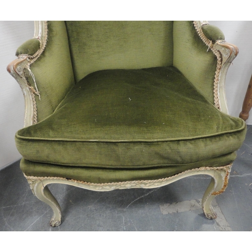 166 - George III style painted wood drawing room wing-back armchair, upholstered in later green velour, 11... 