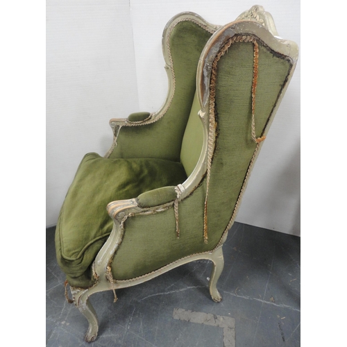 166 - George III style painted wood drawing room wing-back armchair, upholstered in later green velour, 11... 