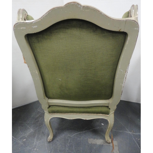 166 - George III style painted wood drawing room wing-back armchair, upholstered in later green velour, 11... 