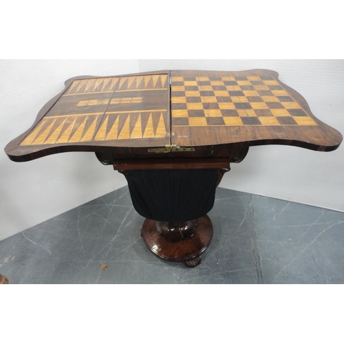 168 - Early Victorian rosewood and mahogany Tunbridge ware games-top sewing table, the folding swivel top ... 