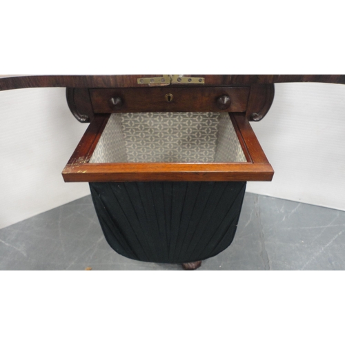 168 - Early Victorian rosewood and mahogany Tunbridge ware games-top sewing table, the folding swivel top ... 