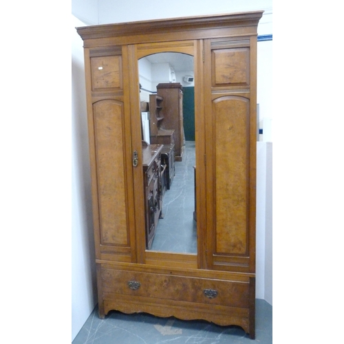 173 - Early 20th century walnut single-door mirrored wardrobe with long drawer below, 200cm high, 114cm wi... 