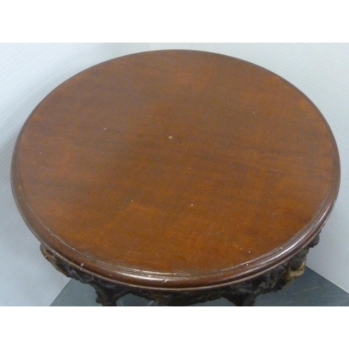 174 - Cast iron painted pub table, with circular wooden top, the supports decorated with Britannia within ... 