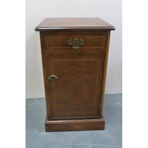 176 - Early 20th century walnut inlaid bedside locker with a short drawer above a cupboard door enclosing ... 