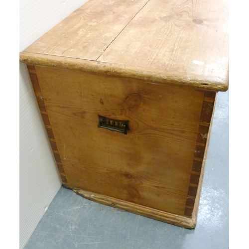 178 - Victorian pine coffer with hinged top, iron lock, 59cm high, 137cm wide and 53cm deep.