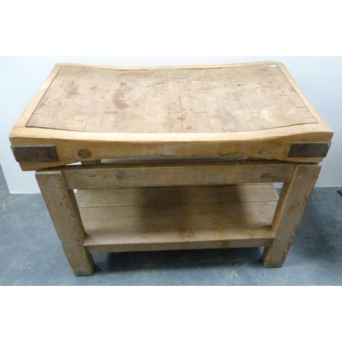 180 - French-style pine butcher's block with shaped, curved top, metal brackets, on a pine stand, c. 1920,... 