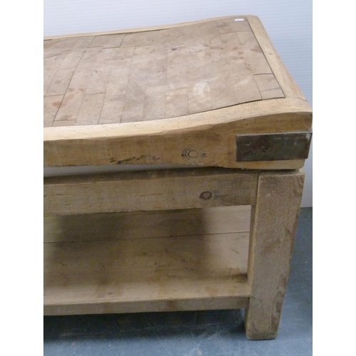 180 - French-style pine butcher's block with shaped, curved top, metal brackets, on a pine stand, c. 1920,... 