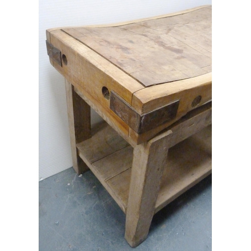 180 - French-style pine butcher's block with shaped, curved top, metal brackets, on a pine stand, c. 1920,... 