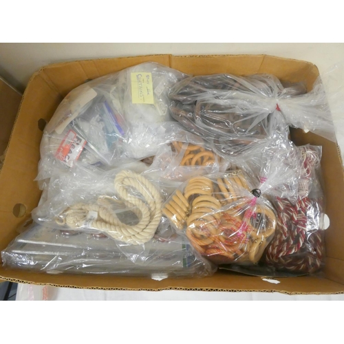 11 - Box of various curtain tie backs, rings and a padlock.