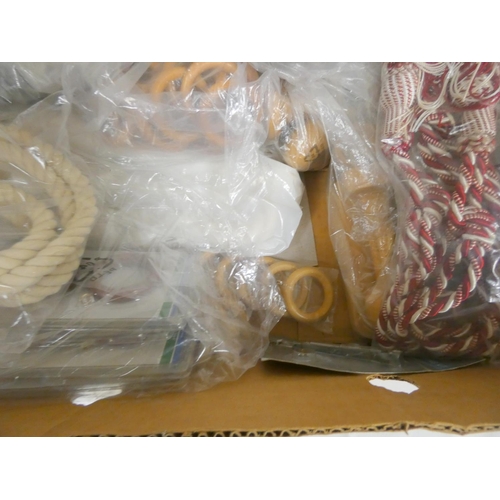 11 - Box of various curtain tie backs, rings and a padlock.