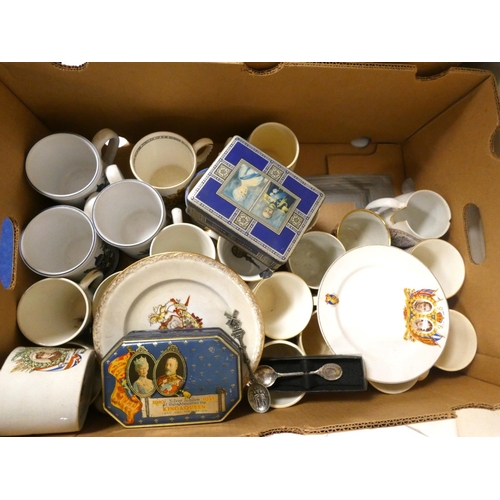 27 - Box of commemorative ware and stoneware mugs.