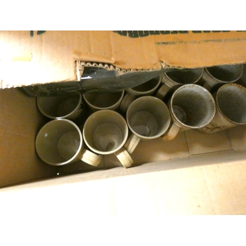 27 - Box of commemorative ware and stoneware mugs.