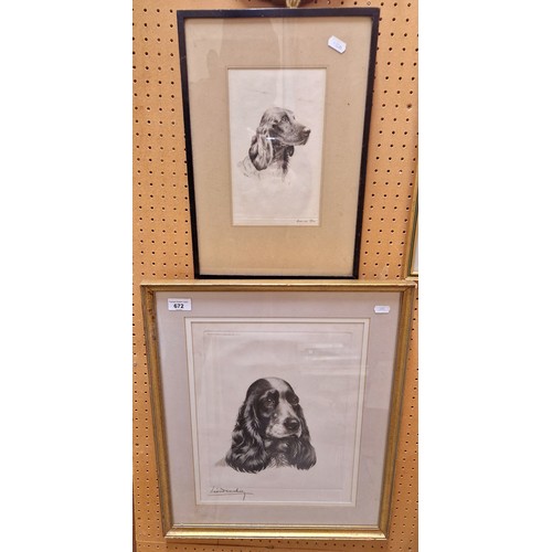 672 - Two indistinctly signed etchings, portraits of spaniels