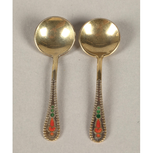 203 - Pair of Russian enamelled silver condiment spoons