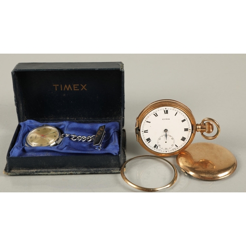 81 - Gold plated pocket watch (some damage) and a Timex nurses watch