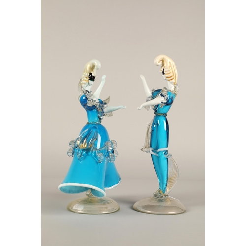 3 - Pair Venetian Murano glass figurines, a lady and gentleman in carnival costume, 32cm h and 34cm h