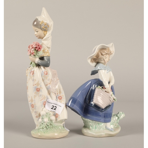 22 - Lladro figure with basket of flowers and another with floral bouquet (2)