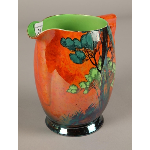 26 - Carlton Ware lustre jug decorated in oranges featuring trees and rabbits. 20cm hig