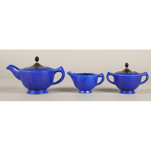 29 - Chameleon Ware Clews Co Tunstall three piece blue teaset with silvered lids.