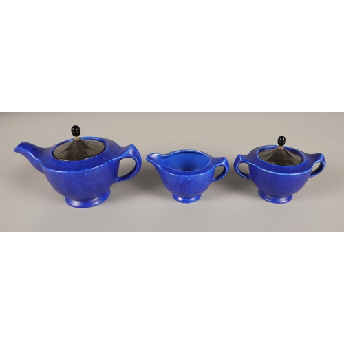 29 - Chameleon Ware Clews Co Tunstall three piece blue teaset with silvered lids.