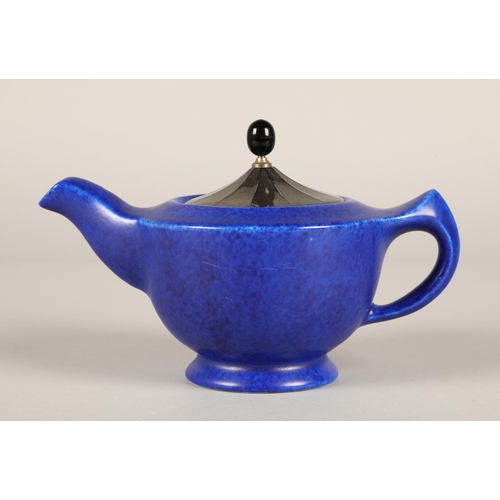 29 - Chameleon Ware Clews Co Tunstall three piece blue teaset with silvered lids.