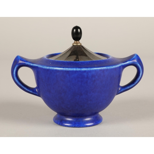 29 - Chameleon Ware Clews Co Tunstall three piece blue teaset with silvered lids.