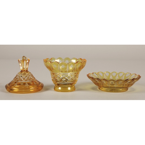 33 - Bohemian amber glass preserve jar, cover and saucer, 22cm high.