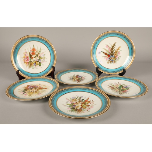 35 - Royal Worcester set of six hand painted dessert plates each with central flowers within turquoise bo... 