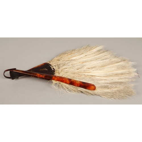 45 - Simulated tortoise shell Ostrich feather fan and two thermometers.