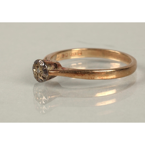 64 - 9ct gold band ring size P, and a 9ct gold ring set with a solitaire diamond in illusion setting ring... 