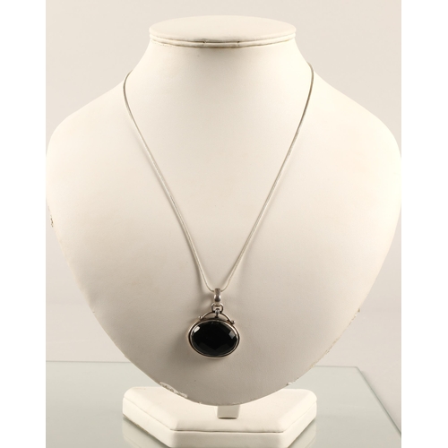 71 - Silver jewellery to include black gem set necklace and bracelet, chain, and white metal St Christoph... 