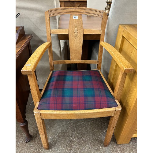 653 - Carved oak dining chair in tartan upholstery.