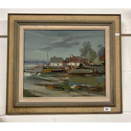 660 - Indistinctly signedHarbour SceneFramed oil painting on board.37cm x 45cm