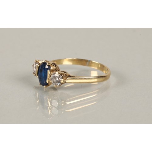 102 - 9ct gold ring set with a blue gem possibly sapphire, between two white stones, ring size N, and anot... 