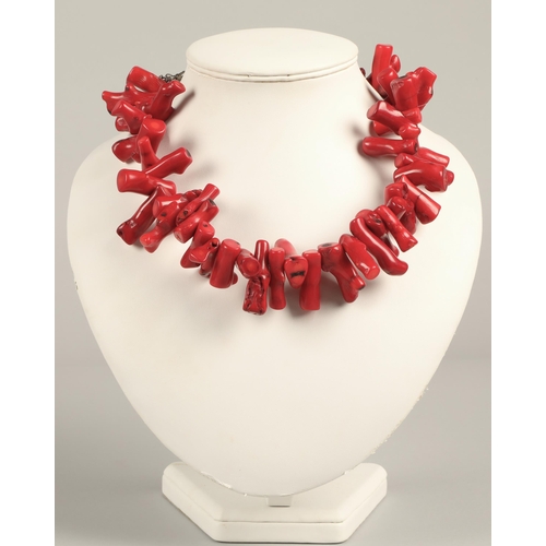 109 - Large red coral necklace with white metal and silver hardware