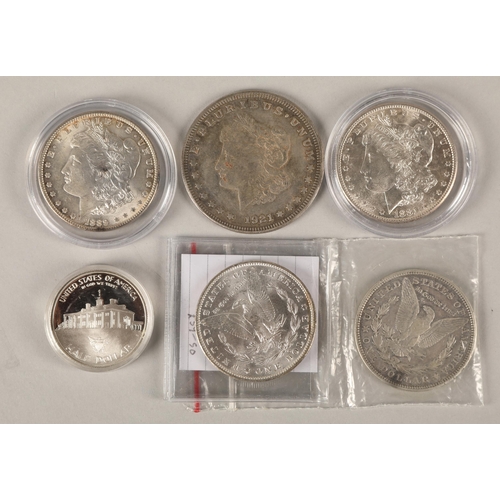 127 - USA coinage to include 1883 Morgan dollar, 1881 and 1889, two 1921 dollars, George Washington commem... 