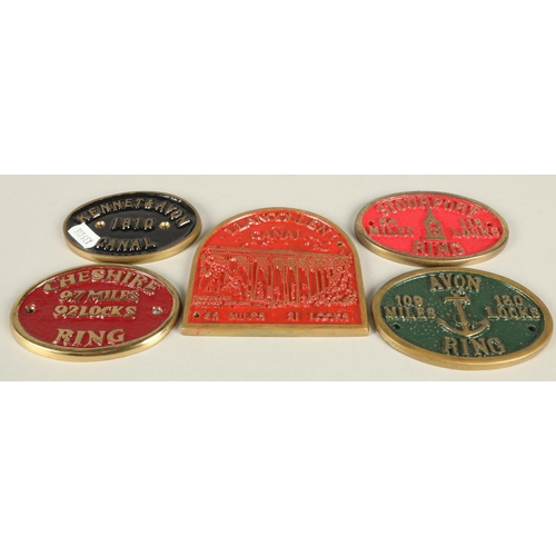 264 - Five canal badges to include Avon Ring, Stourport, Llangollen etc.