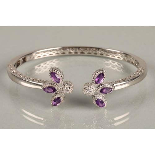 90 - Three silver rings set with purple gemstones likely amethyst/tanzanite, and a PtB bangle in matching... 