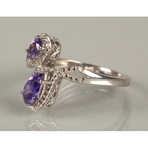 90 - Three silver rings set with purple gemstones likely amethyst/tanzanite, and a PtB bangle in matching... 