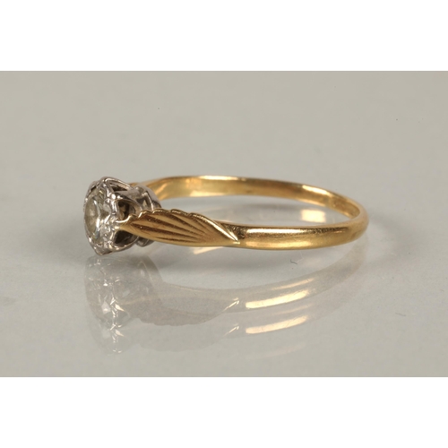 146 - 18ct gold ring set with a diamond solitaire approx. 0.5 carat, ring size O, 2.1g