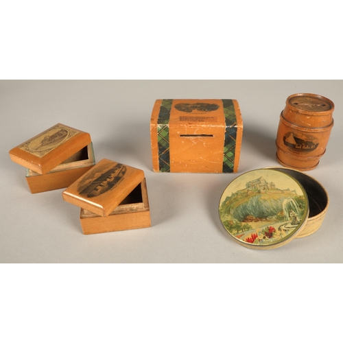 206 - Four pieces of Mauchline ware depicting Burns Cottage, Brig o' Doon, and Tantallon Castle, and a vin... 