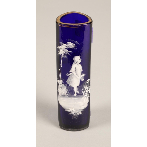 207 - Mary Gregory blue triangular vase. 16cm, double fired detailing