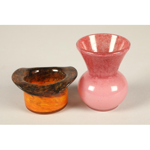 212 - Vasart Scottish glass mottled pink and blue flared vase 20cm high and three other similar pieces (4)