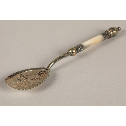 222 - Large Culfonia pewter quaich, a silver napkin ring (37g), and a white metal spoon with mother of pea... 