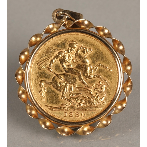 132 - Victorian gold sovereign (young head) 1880 in 9ct gold pendant mount, total weight 9.7g