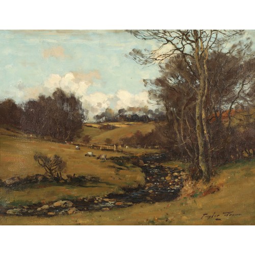 413 - James Taylor Brown (Scottish 1868-1923)'Sheep Grazing By a Stream'Framed oil on canvas, signed34cm x... 