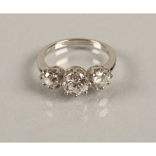 46 - Magnificent three stone diamond ring, central stone 1.5 carat flanked either side by 0.5 carat stone... 