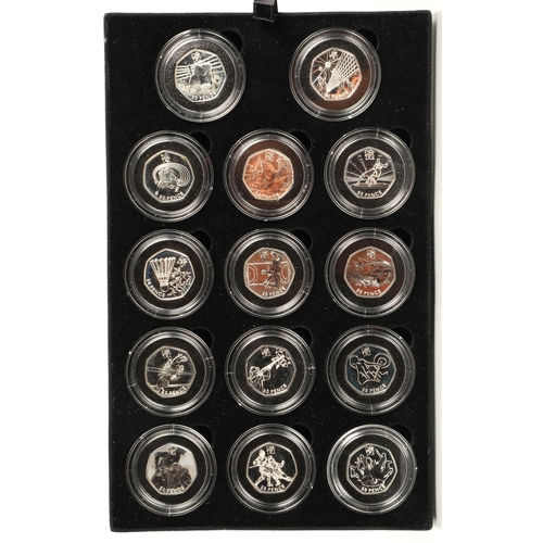 153 - The Royal Mint London 2012 silver 50p sports collection, comprising of twenty nine coins in a leathe... 